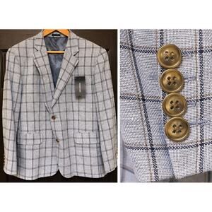 Stafford Signature Mens Sport Coat 46 Short Blue Windowpane‎ Linen Blend NWT